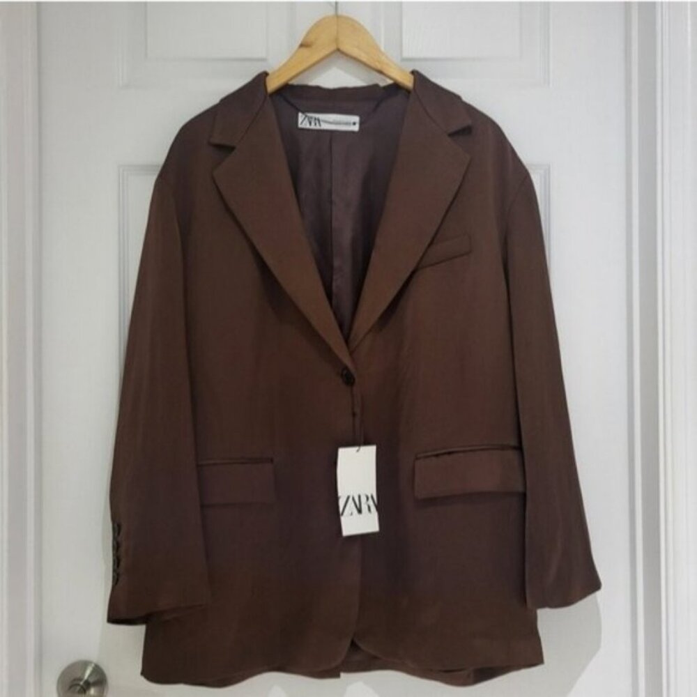 NWT Zara Satin Effect Women's Straight Oversized Flowy Blazer Size XL 90s Chic - Picture 4 of 12